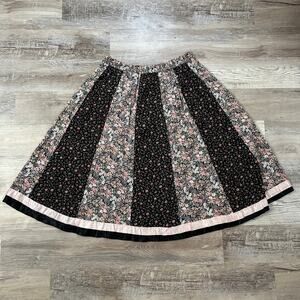 Vintage Patchwork Floral Midi Skirt Black Pink Ribbon Trim Cottagecore XL